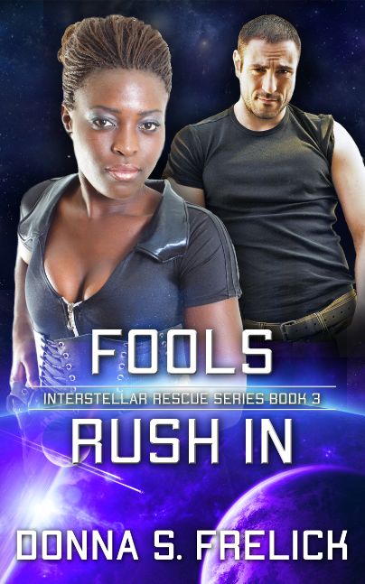 Sexy black woman in futuristic uniform in foreground, sexy white male in black tee shirt in background over planets in purple colors